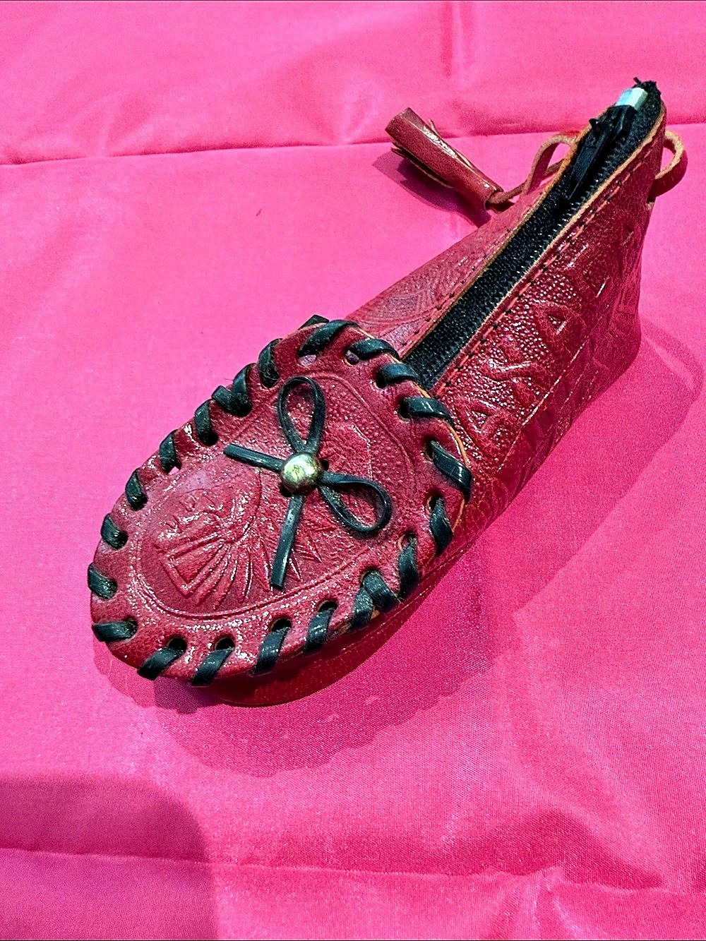 Red Mexican embossed leather shoe coin purse